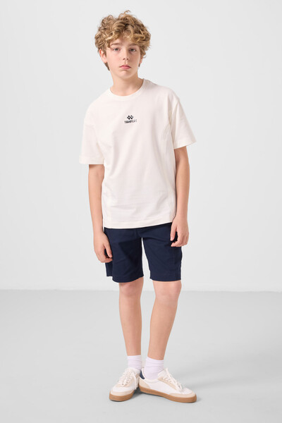 Tommylife Toptan Pamuklu Oversize Fit Dokuma Hafif Esnek Chino Erkek Çocuk Şort Takım 11276 Ekru-Lacivert - Thumbnail