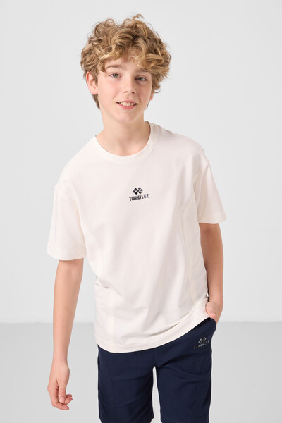 Tommylife Toptan Pamuklu Oversize Fit Dokuma Hafif Esnek Chino Erkek Çocuk Şort Takım 11276 Ekru-Lacivert - Thumbnail