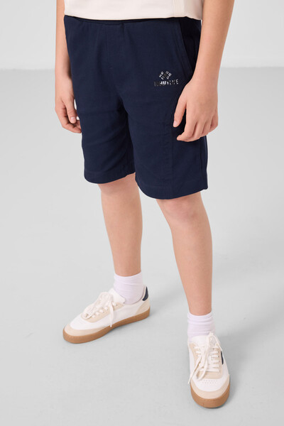 Tommylife Toptan Pamuklu Oversize Fit Dokuma Hafif Esnek Chino Erkek Çocuk Şort Takım 11276 Ekru-Lacivert - Thumbnail