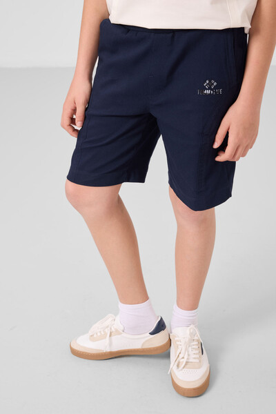 Tommylife Toptan Pamuklu Oversize Fit Dokuma Hafif Esnek Chino Erkek Çocuk Şort Takım 11276 Ekru-Lacivert - Thumbnail