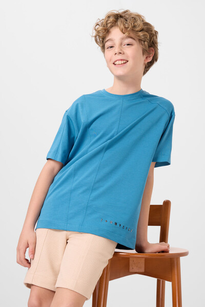 Tommylife Toptan Pamuklu Yumuşak Dokulu Oversize Basic Erkek Çocuk T-Shirt 11297 Petrol Mavi - Thumbnail