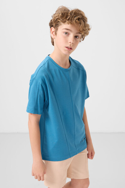 Tommylife Toptan Pamuklu Yumuşak Dokulu Oversize Basic Erkek Çocuk T-Shirt 11297 Petrol Mavi - Thumbnail