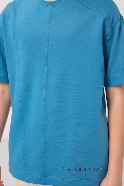 Tommylife Toptan Pamuklu Yumuşak Dokulu Oversize Basic Erkek Çocuk T-Shirt 11297 Petrol Mavi - Thumbnail