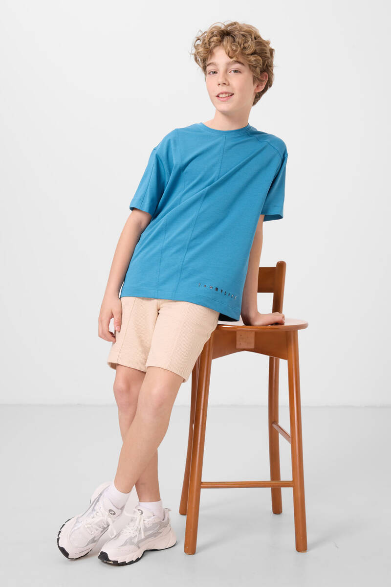 TOMMYLIFE - Tommylife Toptan Pamuklu Yumuşak Dokulu Oversize Basic Erkek Çocuk T-Shirt 11297 Petrol Mavi