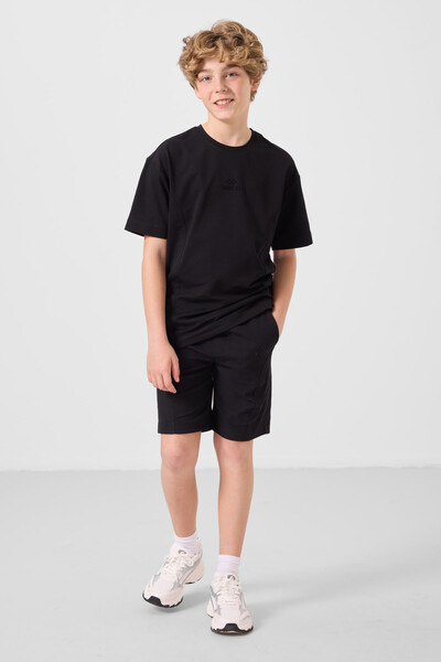 Tommylife Toptan Pamuklu Oversize Fit Dokuma Hafif Esnek Chino Erkek Çocuk Şort Takım 11276 Siyah - Thumbnail