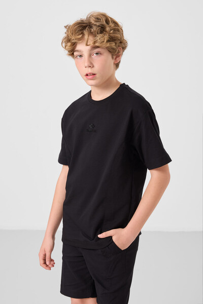 Tommylife Toptan Pamuklu Oversize Fit Dokuma Hafif Esnek Chino Erkek Çocuk Şort Takım 11276 Siyah - Thumbnail