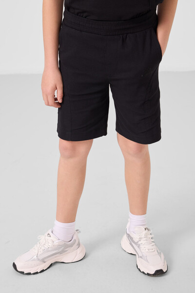 Tommylife Toptan Pamuklu Oversize Fit Dokuma Hafif Esnek Chino Erkek Çocuk Şort Takım 11276 Siyah - Thumbnail
