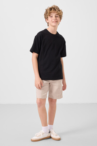 Tommylife Toptan Pamuklu Oversize Fit Dokuma Hafif Esnek Chino Erkek Çocuk Şort Takım 11276 Siyah-Taş - Thumbnail