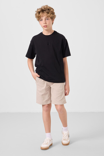 Tommylife Toptan Pamuklu Oversize Fit Dokuma Hafif Esnek Chino Erkek Çocuk Şort Takım 11276 Siyah-Taş - Thumbnail
