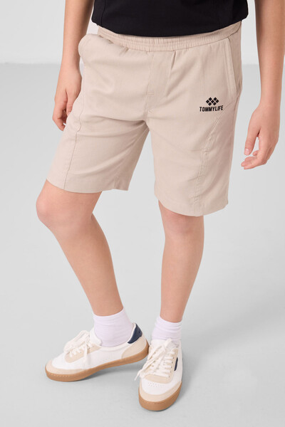 Tommylife Toptan Pamuklu Oversize Fit Dokuma Hafif Esnek Chino Erkek Çocuk Şort Takım 11276 Siyah-Taş - Thumbnail
