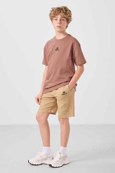 Tommylife Toptan Pamuklu Oversize Fit Dokuma Hafif Esnek Chino Erkek Çocuk Şort Takım 11276 Tarçın-Koyu Bej - Thumbnail