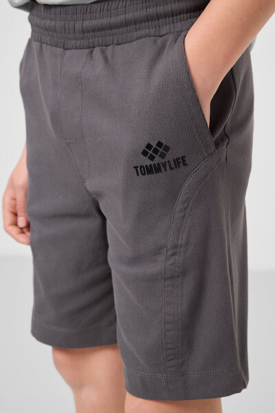 Tommylife Toptan Pamuklu Oversize Fit Dokuma Hafif Esnek Chino Erkek Çocuk Şort Takım 11276 Taş-Antrasit - Thumbnail