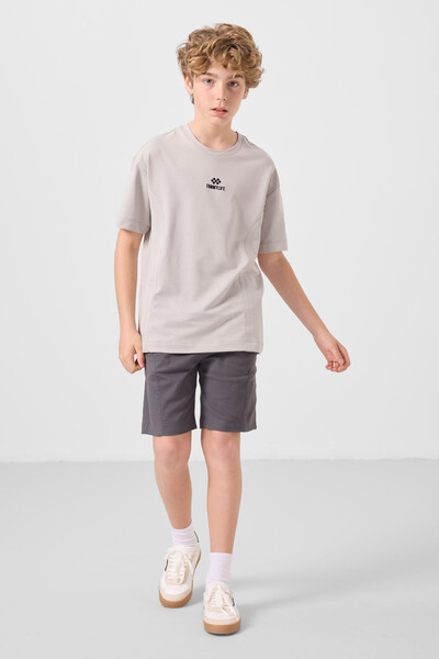 Tommylife Toptan Pamuklu Oversize Fit Dokuma Hafif Esnek Chino Erkek Çocuk Şort Takım 11276 Taş-Antrasit - Thumbnail