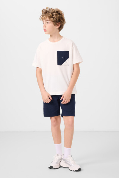 Tommylife Toptan Pamuklu Oversize Fit Dokuma Hafif Esnek Chino Erkek Çocuk Şort Takım 11278 Ekru-Lacivert - Thumbnail