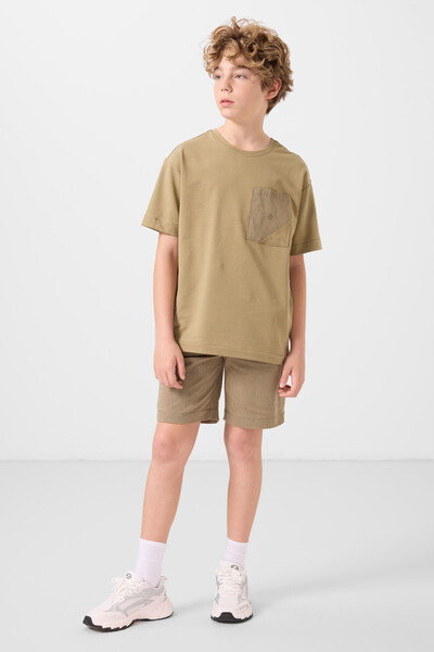 Tommylife Toptan Pamuklu Oversize Fit Dokuma Hafif Esnek Chino Erkek Çocuk Şort Takım 11278 Koyu Bej-Camel - Thumbnail