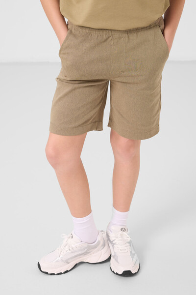 Tommylife Toptan Pamuklu Oversize Fit Dokuma Hafif Esnek Chino Erkek Çocuk Şort Takım 11278 Koyu Bej-Camel - Thumbnail