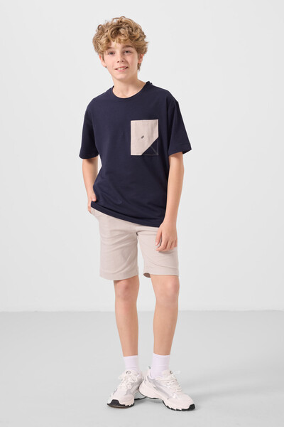 Tommylife Toptan Pamuklu Oversize Fit Dokuma Hafif Esnek Chino Erkek Çocuk Şort Takım 11278 Lacivert-Taş - Thumbnail