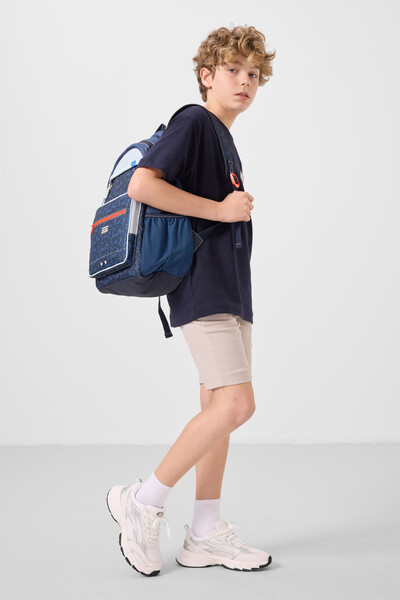 Tommylife Toptan Pamuklu Oversize Fit Dokuma Hafif Esnek Chino Erkek Çocuk Şort Takım 11278 Lacivert-Taş - Thumbnail