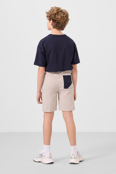 Tommylife Toptan Pamuklu Oversize Fit Dokuma Hafif Esnek Chino Erkek Çocuk Şort Takım 11278 Lacivert-Taş - Thumbnail