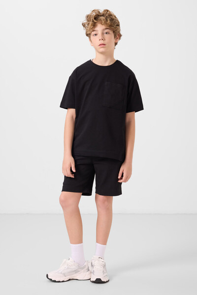 Tommylife Toptan Pamuklu Oversize Fit Dokuma Hafif Esnek Chino Erkek Çocuk Şort Takım 11278 Siyah - Thumbnail