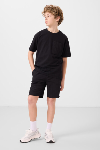 Tommylife Toptan Pamuklu Oversize Fit Dokuma Hafif Esnek Chino Erkek Çocuk Şort Takım 11278 Siyah - Thumbnail