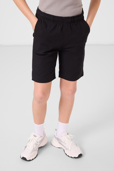 Tommylife Toptan Pamuklu Oversize Fit Dokuma Hafif Esnek Chino Erkek Çocuk Şort Takım 11278 Siyah - Thumbnail