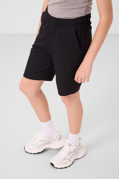 Tommylife Toptan Pamuklu Oversize Fit Dokuma Hafif Esnek Chino Erkek Çocuk Şort Takım 11278 Siyah - Thumbnail