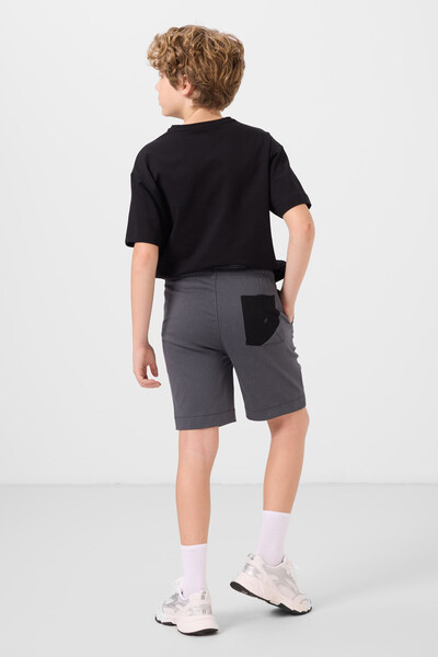 Tommylife Toptan Pamuklu Oversize Fit Dokuma Hafif Esnek Chino Erkek Çocuk Şort Takım 11278 Siyah-Gri - Thumbnail