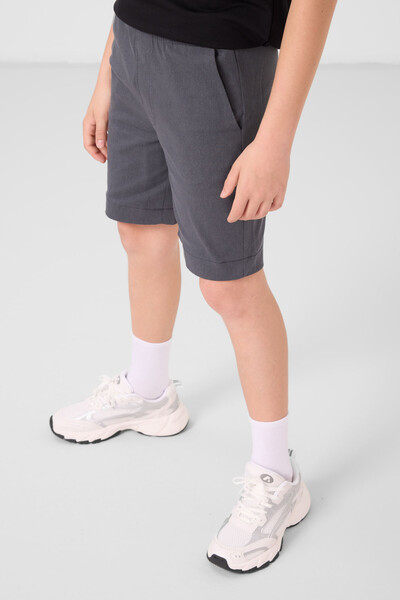 Tommylife Toptan Pamuklu Oversize Fit Dokuma Hafif Esnek Chino Erkek Çocuk Şort Takım 11278 Siyah-Gri - Thumbnail