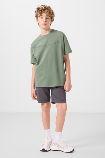 Tommylife Toptan Pamuklu Oversize Fit Dokuma Hafif Esnek Chino Erkek Çocuk Şort Takım 11279 Açık Yeşil-Antrasit - Thumbnail