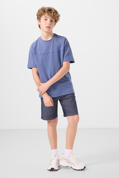 Tommylife Toptan Pamuklu Oversize Fit Dokuma Hafif Esnek Chino Erkek Çocuk Şort Takım 11279 Koyu Mavi-Koyu Lacivert - Thumbnail