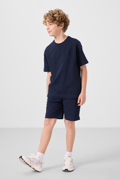 Tommylife Toptan Pamuklu Oversize Fit Dokuma Hafif Esnek Chino Erkek Çocuk Şort Takım 11279 Lacivert - Thumbnail