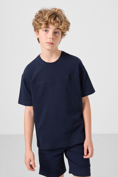 Tommylife Toptan Pamuklu Oversize Fit Dokuma Hafif Esnek Chino Erkek Çocuk Şort Takım 11279 Lacivert - Thumbnail