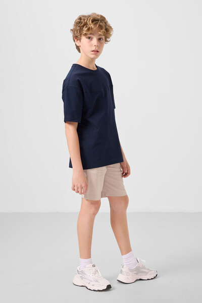 Tommylife Toptan Pamuklu Oversize Fit Dokuma Hafif Esnek Chino Erkek Çocuk Şort Takım 11279 Lacivert-Taş - Thumbnail