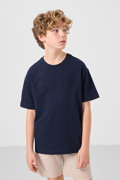 Tommylife Toptan Pamuklu Oversize Fit Dokuma Hafif Esnek Chino Erkek Çocuk Şort Takım 11279 Lacivert-Taş - Thumbnail