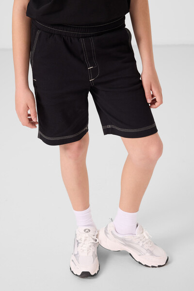 Tommylife Toptan Pamuklu Oversize Fit Dokuma Hafif Esnek Chino Erkek Çocuk Şort Takım 11279 Siyah - Thumbnail