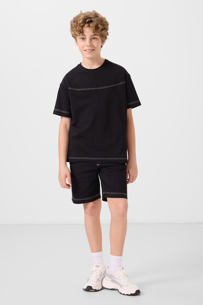Tommylife Toptan Pamuklu Oversize Fit Dokuma Hafif Esnek Chino Erkek Çocuk Şort Takım 11279 Siyah - Thumbnail