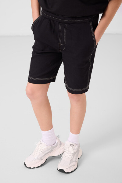 Tommylife Toptan Pamuklu Oversize Fit Dokuma Hafif Esnek Chino Erkek Çocuk Şort Takım 11279 Siyah - Thumbnail