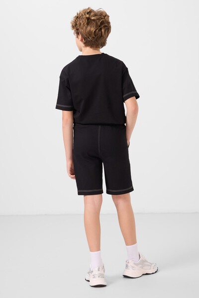 Tommylife Toptan Pamuklu Oversize Fit Dokuma Hafif Esnek Chino Erkek Çocuk Şort Takım 11279 Siyah - Thumbnail