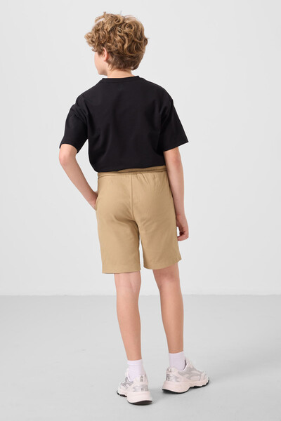 Tommylife Toptan Pamuklu Oversize Fit Dokuma Hafif Esnek Chino Erkek Çocuk Şort Takım 11279 Siyah-Koyu Bej - Thumbnail