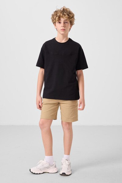 Tommylife Toptan Pamuklu Oversize Fit Dokuma Hafif Esnek Chino Erkek Çocuk Şort Takım 11279 Siyah-Koyu Bej - Thumbnail