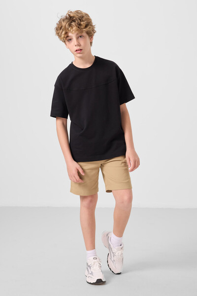 Tommylife Toptan Pamuklu Oversize Fit Dokuma Hafif Esnek Chino Erkek Çocuk Şort Takım 11279 Siyah-Koyu Bej - Thumbnail