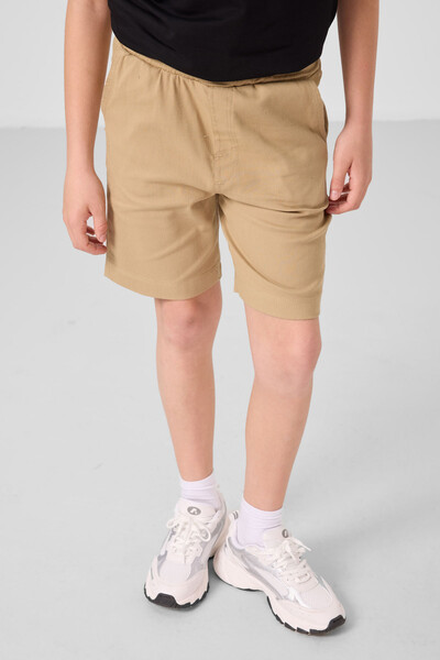 Tommylife Toptan Pamuklu Oversize Fit Dokuma Hafif Esnek Chino Erkek Çocuk Şort Takım 11279 Siyah-Koyu Bej - Thumbnail