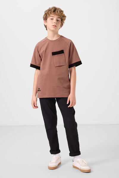 Tommylife Toptan Pamuklu Yumuşak Dokulu Oversize Cep Detaylı Erkek Çocuk T-Shirt 11295 Tarçın - Thumbnail