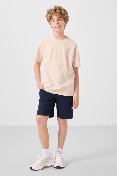 Tommylife Toptan Pamuklu Oversize Fit Dokuma Hafif Esnek Chino Erkek Çocuk Şort Takım 11277 Bej-Lacivert - Thumbnail