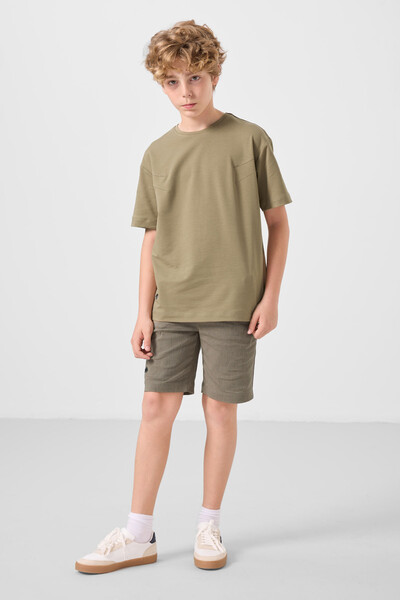 Tommylife Toptan Pamuklu Oversize Fit Dokuma Hafif Esnek Chino Erkek Çocuk Şort Takım 11277 Koyu Bej-Camel - Thumbnail