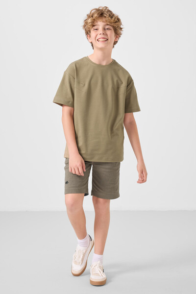 Tommylife Toptan Pamuklu Oversize Fit Dokuma Hafif Esnek Chino Erkek Çocuk Şort Takım 11277 Koyu Bej-Camel - Thumbnail