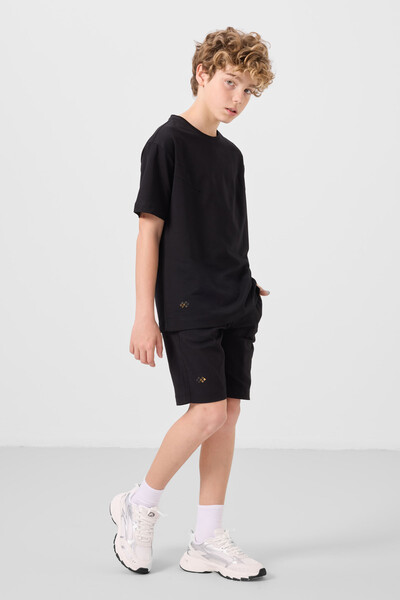 Tommylife Toptan Pamuklu Oversize Fit Dokuma Hafif Esnek Chino Erkek Çocuk Şort Takım 11277 Siyah - Thumbnail