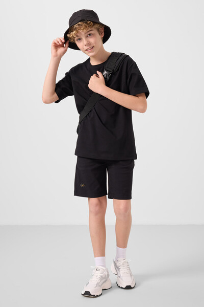 Tommylife Toptan Pamuklu Oversize Fit Dokuma Hafif Esnek Chino Erkek Çocuk Şort Takım 11277 Siyah - Thumbnail