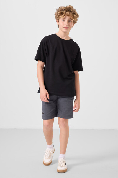 Tommylife Toptan Pamuklu Oversize Fit Dokuma Hafif Esnek Chino Erkek Çocuk Şort Takım 11277 Siyah-Gri - Thumbnail